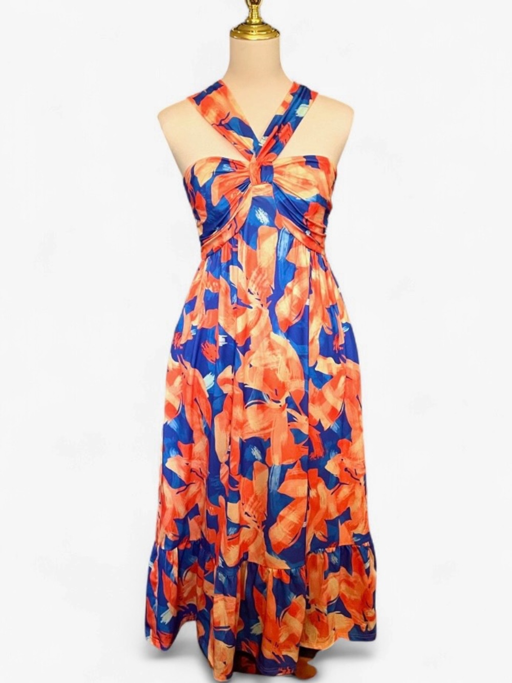 NWT Grace Karin Floral Halter Sundress Size S Abstract Orange Blue Midi Maxi